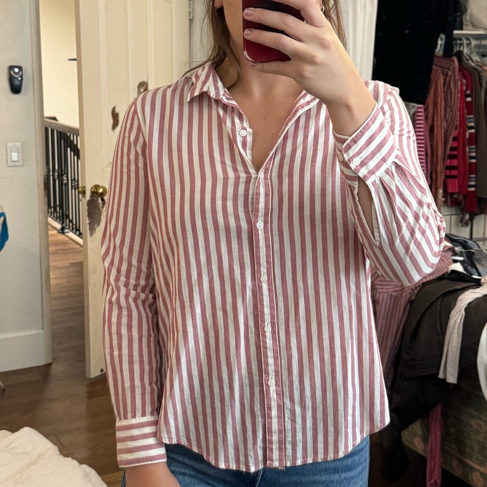 H&M White and Pink Button Down Shirt with Notched Collar